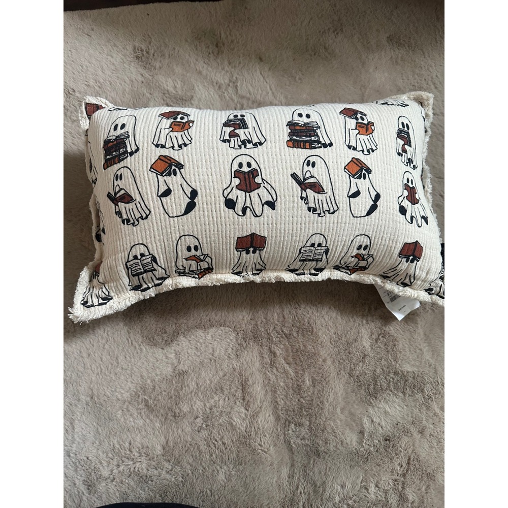 Rachel Zoe Halloween Ghost Reading Books Lumbar Pillow Cream Waffle Fringe NWT
